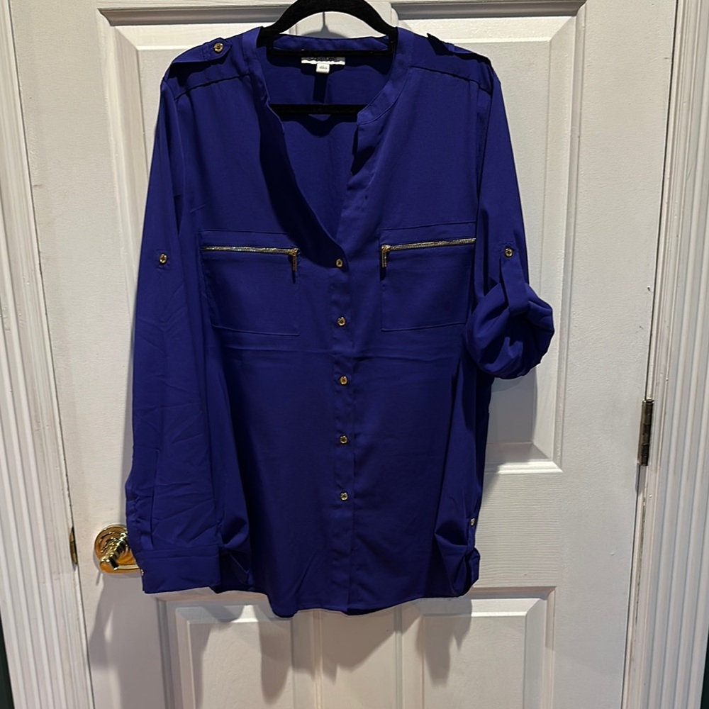 Vibrant Blue Button-Up Shirt with Zipper Details